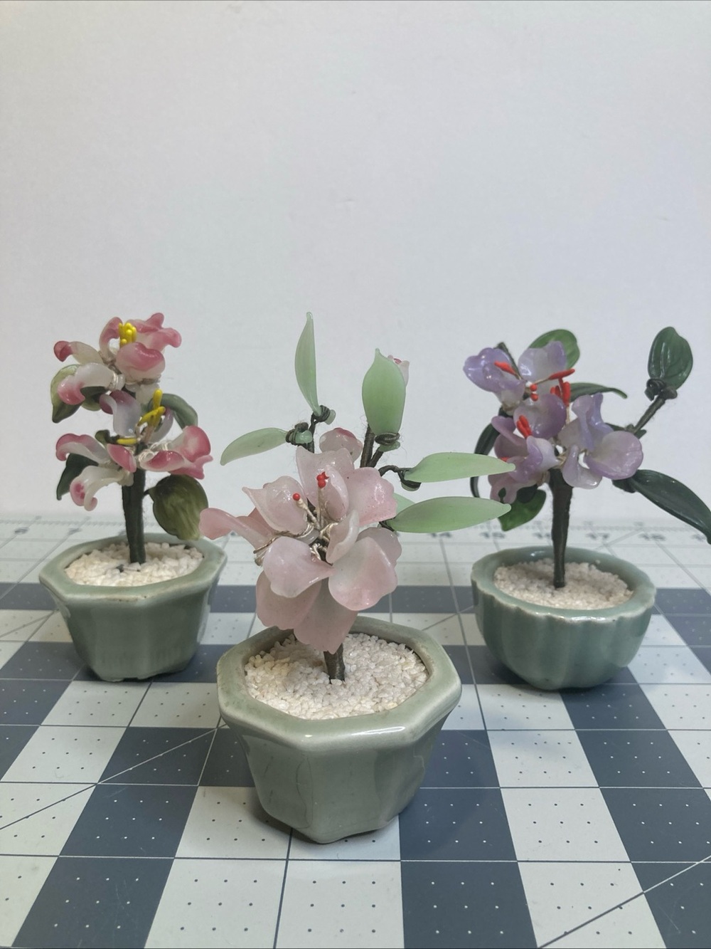 Lot Of 3 Vintage Bonsai Tree Jade Glass Leaves Pink Flowers in Green Celadon Pot